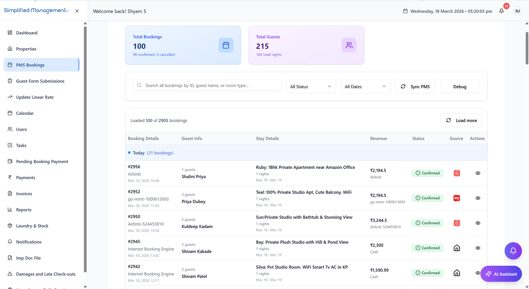 Simplified Management channel manager syncing Expedia bookings, rates, and availability