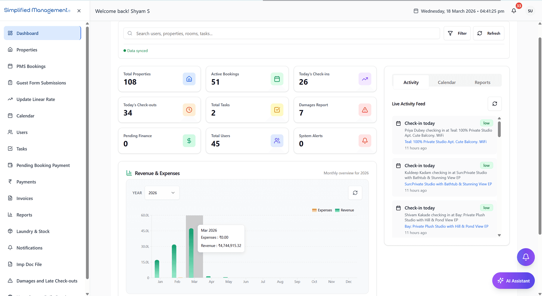 Simplified Management portfolio dashboard with live occupancy, revenue, and activity