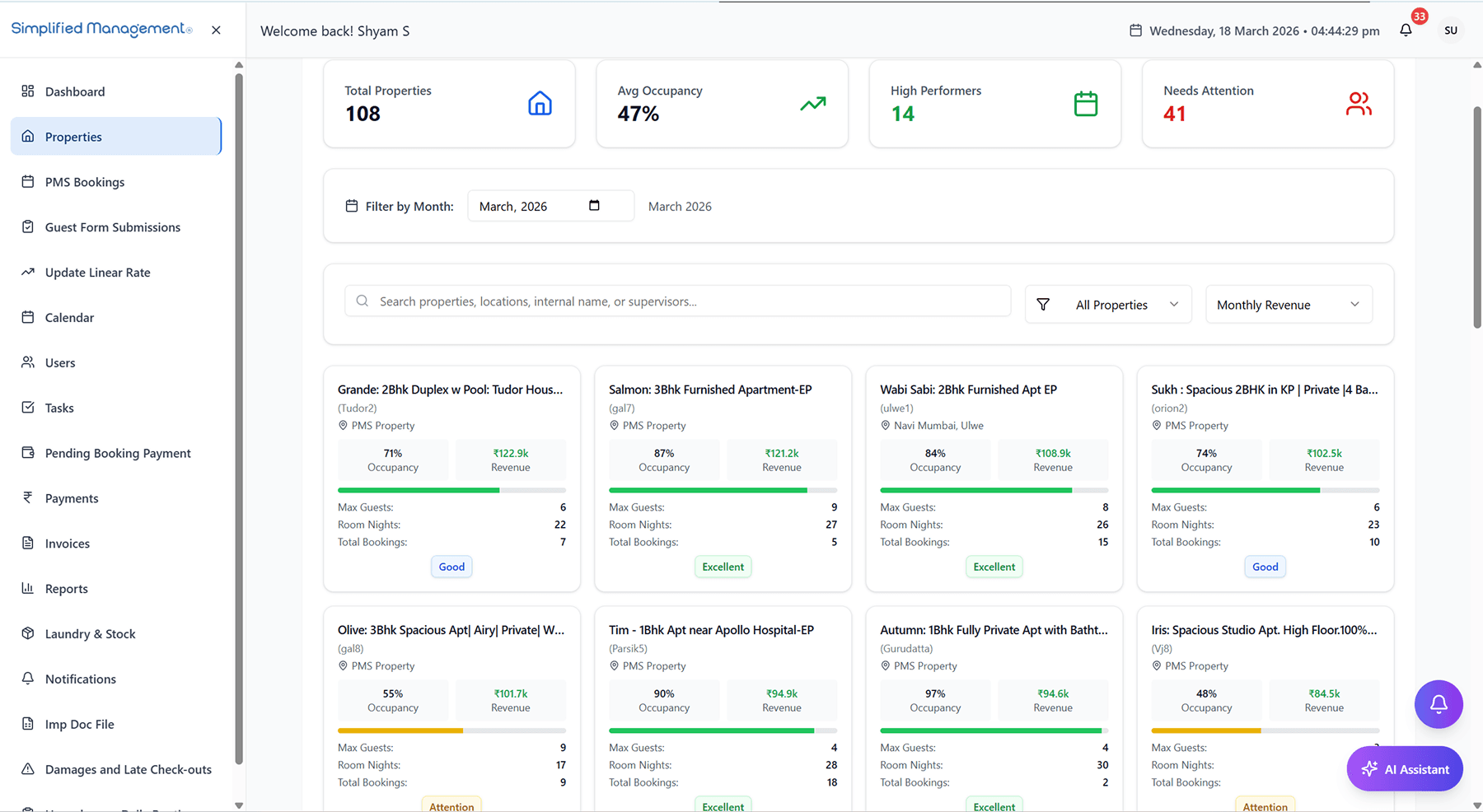 Simplified Management properties and bookings across the portfolio